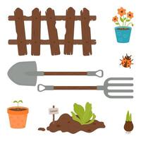 Gardening and planting kit - wooden fence, shovel, pitchfork, potted flowers, lettuce in the ground. vector