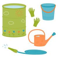 A set for watering plants - a bucket, a hose, a barrel of water, a watering can, gloves. Gardening, farming. vector