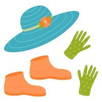 A set of accessories for gardening and recreation - a hat, rubber gloves and boots. vector