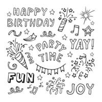 Big celebration clipart set. Party time doodle clipart with quotes and fireworks. Hand drawn icons vector