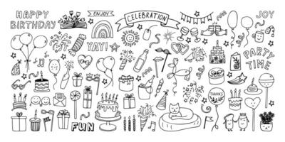 Big celebration clipart set. Party time doodle clipart with fireworks, party hat, birthday cake, holiday gift box. Hand drawn icons vector