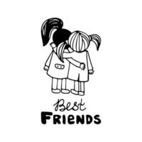 Cute friendship clipart. Hand drawn doodle illustration with girls. Cartoon clipart for card, bedroom decor, birthday party or textile of apparel. Isolated on white background vector