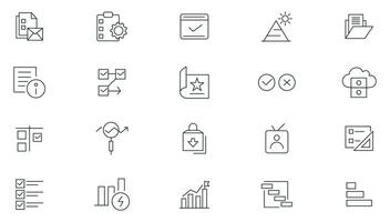 Project management line icon set. Business or organization management, time management, planning, project, startup, marketing outline icon collection. Editable stroke. Outline icon pack. vector