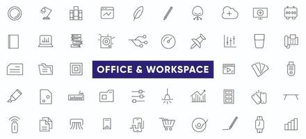 Office and workspace line icons collection. Co-working and Teamwork, business, Desk, computer, briefcase, clock, meeting, team, work, workplace outline icon set. Thin outline icons pack. vector