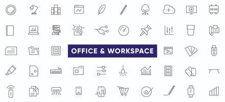 Office and workspace line icons collection. Co-working and Teamwork, business, Desk, computer, briefcase, clock, meeting, team, work, workplace outline icon set. Thin outline icons pack. vector