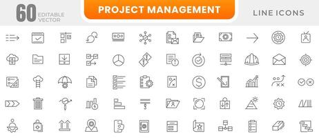 Project management line icon set. Business or organization management, time management, planning, project, startup, marketing outline icon collection. Editable stroke. Outline icon pack. vector