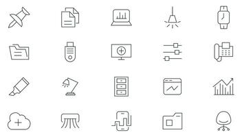 Office and workspace line icons collection. Co-working and Teamwork, business, Desk, computer, briefcase, clock, meeting, team, work, workplace outline icon set. Thin outline icons pack. vector