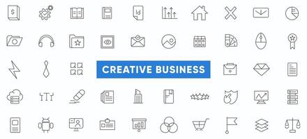 Creative business line icon set. Business strategy, Business solutions, Action List, research, solution, team, marketing, startup, advertising, business process, management outline icon collection. vector