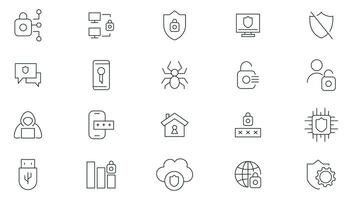 Security and protection line icons set. Security shield icons,shield logotypes with a check mark, and padlock security symbols icon collection. Thin outline icons pack. vector