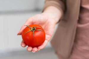 mujer demostración Fresco Tomates desde orgánico agricultura. foto