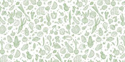 Doodle pattern of vegetables and fruits on a white background, graphics of healthy food. Fruits and vegetables in doodle style, sketch. Illustration for food design. Vegan products vector