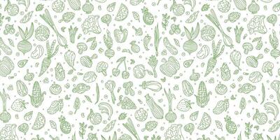 Doodle pattern of vegetables and fruits on a white background, graphics of healthy food. Fruits and vegetables in doodle style, sketch. Illustration for food design. Vegan products vector