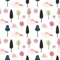 Cute trees seamless pattern. Scandinavian trees and clouds wallpaper. Childish fantasy background. vector