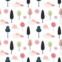 Cute trees seamless pattern. Scandinavian trees and clouds wallpaper. Childish fantasy background. vector