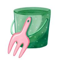 Watercolor sand bucket and shovel toy. illustration summertime element. vector