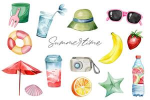 Hand drawn summertime clipart. Watercolor set of summer elements. Summer stuff set. vector