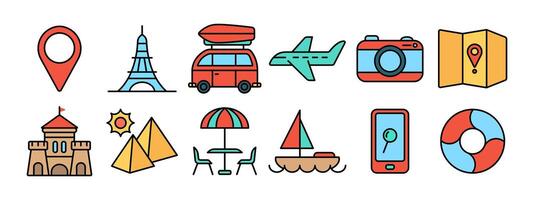 Travel set icon. Location pin, Eiffel Tower, camper van, airplane, camera, map, castle, pyramids, beach umbrella, sailboat, smartphone, lifebuoy. Tourism and vacation concept. vector