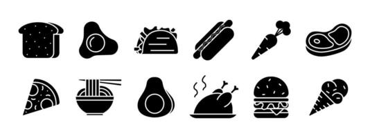 Food set icon. Bread, fried egg, taco, hot dog, carrot, steak, pizza, ramen, avocado, roast chicken, burger, ice cream cone. Food, cuisine. vector