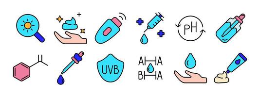 Skincare set icon. Magnifying glass, lotion, sunscreen, syringe, pH balance, pipette, chemical structure, UV protection, AHA, BHA, moisturizer. Skincare products and treatments concept. vector