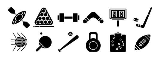 Sports equipment set icon. Kayak, billiards, dumbbell, boomerang, scoreboard, hockey stick, basketball, table tennis, baseball bat, kettlebell, strategy board, football. Fitness and sports concept. vector