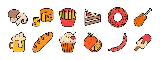 Food set icon. Mushroom, cheese, fries, cake, donut, chicken leg, beer, baguette, cupcake, orange, sausage, popsicle. Food, cuisine. vector