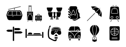 Travel set icon. Cable car, luggage, binoculars, smartphone, beach umbrella, tram, signpost, bed, snorkel, car, hot air balloon, passport. Tourism and vacation concept. vector