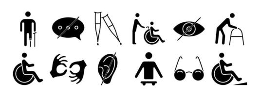 Disability set icon. Crutches, speech bubble, wheelchair, helper, vision impairment, walker, hearing aid, sign language, prosthetic limb, glasses, ramp. Accessibility and support concept. vector