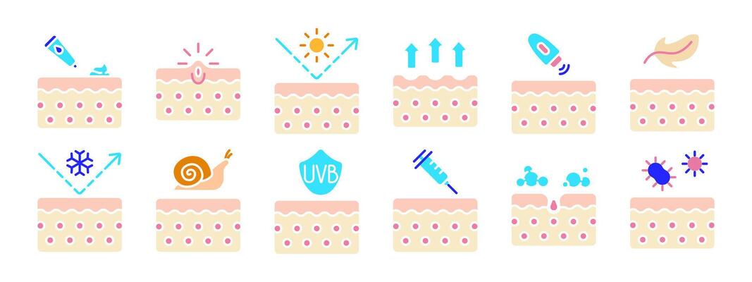 Skin care set icon. Applying cream, pimple, sun protection, absorption, light texture, cooling effect, snail essence, UVB protection, injection, foam cleansing, bacteria protection. Beauty.