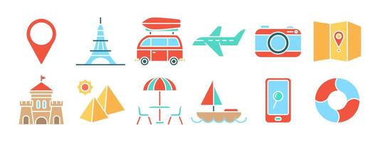 Travel set icon. Location pin, Eiffel Tower, camper van, airplane, camera, map, castle, pyramids, beach umbrella, sailboat, smartphone, lifebuoy. Tourism and vacation concept. vector