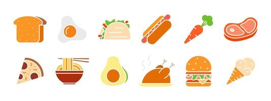 comida conjunto icono. pan, frito huevo, tacos, caliente perro, zanahoria, bife, pizza, ramen, palta, asado pollo, hamburguesa, hielo crema cono. alimento, cocina. vector