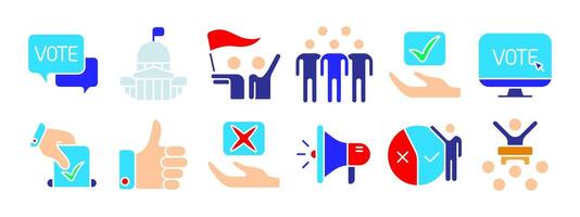 Election set icon. Vote, government building, demonstration, voters, electronic voting, manual voting, approval, disapproval, megaphone, voting results, public speech. Elections, democracy. vector