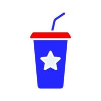 Patriotic drink cup icon. Blue cup with a white star, red lid, and straw. Celebration and festive beverage concept. vector