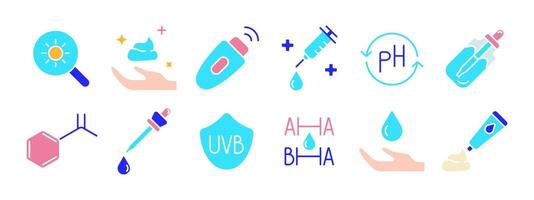 Skincare set icon. Magnifying glass, lotion, sunscreen, syringe, pH balance, pipette, chemical structure, UV protection, AHA, BHA, moisturizer. Skincare products and treatments concept. vector