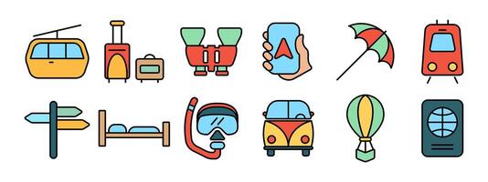 Travel set icon. Cable car, luggage, binoculars, smartphone, beach umbrella, tram, signpost, bed, snorkel, car, hot air balloon, passport. Tourism and vacation concept. vector