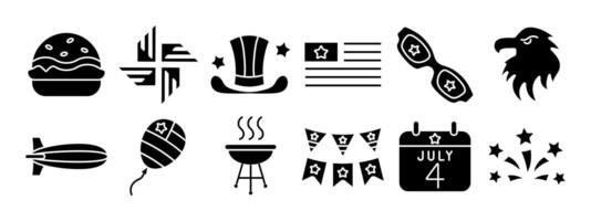 4th of July set icon. Drum, rocket, USA shield, balloons, eagle, fireworks, soda cup, calendar, American flag, hat, burger, barbecue, blimp, sunglasses, patriotic symbols. Independence Day concept vector