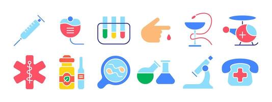 Medical set icon. Syringe, blood bag, test tubes, blood drop, helicopter, medical cross, medicine bottle, magnifying glass, flasks, microscope, phone with cross. Medicine, healthcare. vector