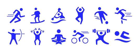 Sport set icon. Running, surfing, kayaking, jumping, soccer, archery, weightlifting, yoga, cycling, swimming. Physical activity and fitness concept. vector