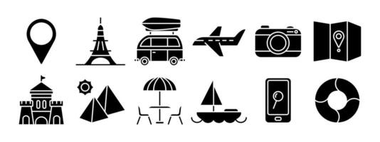 Travel set icon. Location pin, Eiffel Tower, camper van, airplane, camera, map, castle, pyramids, beach umbrella, sailboat, smartphone, lifebuoy. Tourism and vacation concept. vector