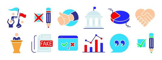 Politics set icon. Voting, debate, political campaign, handshake, government building, pie chart, ballot, exit poll, protest, podium, check mark, statistics, democracy, election concept. vector