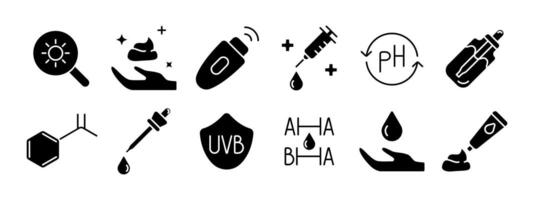 Skincare set icon. Magnifying glass, lotion, sunscreen, syringe, pH balance, pipette, chemical structure, UV protection, AHA, BHA, moisturizer. Skincare products and treatments concept. vector