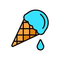 Ice cream cone icon. Waffle cone with blue ice cream and a melting drop. Summer and dessert concept. vector