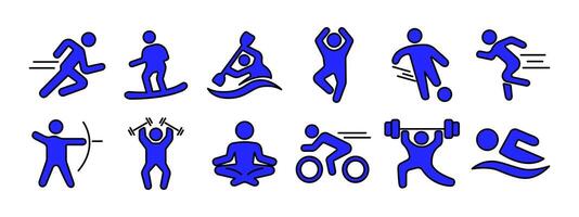 Sport set icon. Running, surfing, kayaking, jumping, soccer, archery, weightlifting, yoga, cycling, swimming. Physical activity and fitness concept. vector