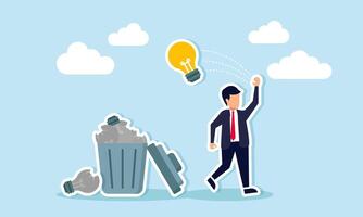 Unworkable ideas and failed projects leading to wasted business efforts, concept of Frustrated businessman throws lightbulb ideas into a bin full of junk ideas vector