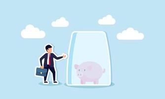 Protect your money from inflation with insurance and financial security, concept of Businessman stands with wealthy piggy bank under a glass dome for strong protection vector