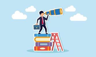 Career opportunities through business skills, education for future jobs, personal improvement, and reading lists, concept of Businessman climbing up a ladder on a stack of books for a better vision vector