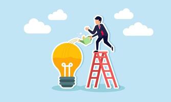 Idea development, creativity, and knowledge for new business ideas and career growth, concept of Smart businessman on ladder watering to fill idea light bulb with liquid vector