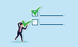 Businessman checking off tasks on a project checklist for achievements and approval, concept of Businessman carrying a big checkmark to place on completed tasks for project tracking vector