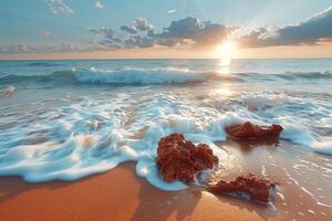 Tranquil tropical beaches with crystal-clear waters, white sands, and lush palm trees under a sunny sky photo