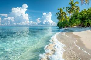 tranquilo tropical playas con claro como el cristal aguas, blanco playa, y lozano palma arboles debajo un soleado cielo foto