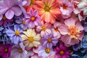 A vibrant display of assorted colorful flowers in full bloom, creating a lively and cheerful background photo